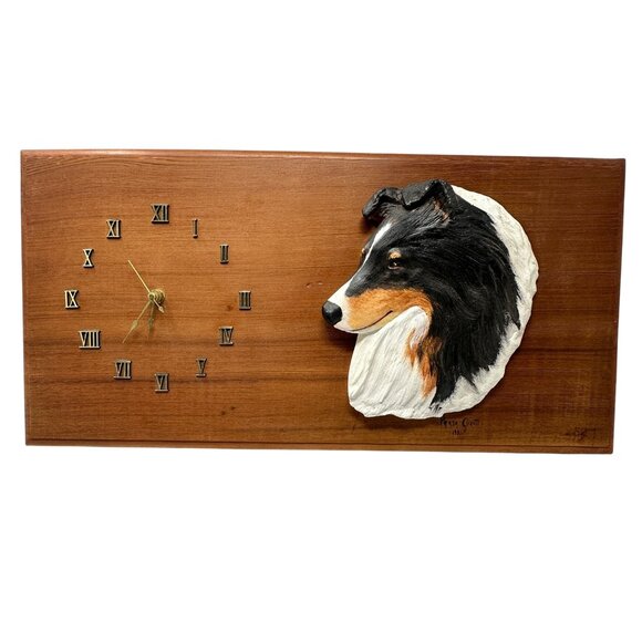 Vintage 1991 Pamela Gravitt Rough Collie Dog Wall Clock Wood Art Signed - Picture 1 of 12